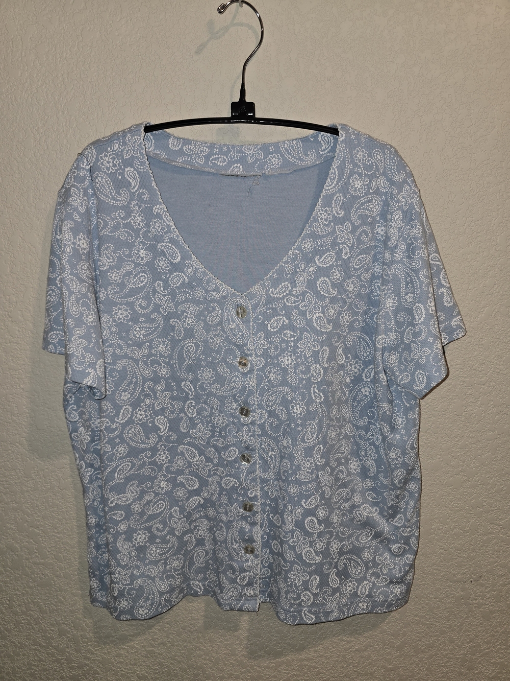 Vintage Style Blue Paisley Short Sleeve Button-Up Cardigan Top - Size Large
